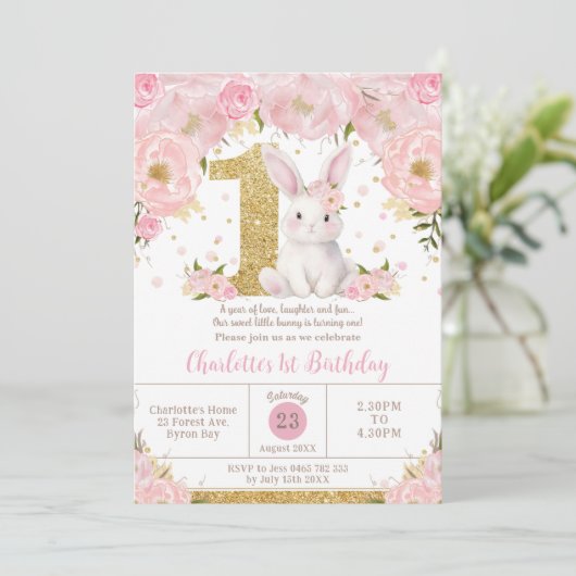 Schattigee Sweet Bunny Konijn Roze Bloemen 1e Verj Kaart (Staand voorkant)