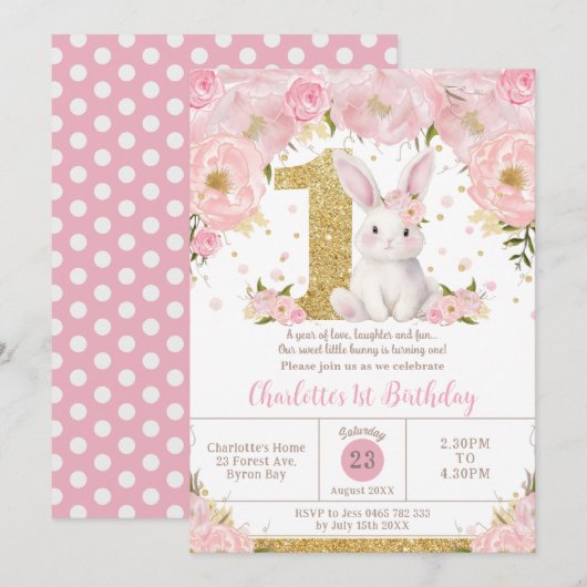 Schattigee Sweet Bunny Konijn Roze Bloemen 1e Verj Kaart (Voorkant / Achterkant)