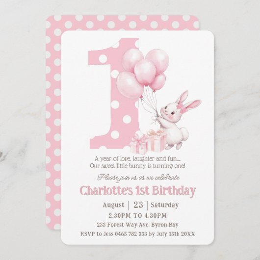 Schattigee Sweet Bunny Konijn Roze Stippen Een 1e Kaart (Voorkant / Achterkant)