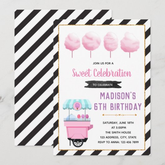 Schattigee Sweet Cotton snoep feestuitnodiging Kaart (Voorkant / Achterkant)