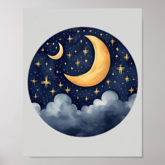 Schattigee Sweet Dreams Moon Stars Clouds Kinderka Poster (Voorkant)