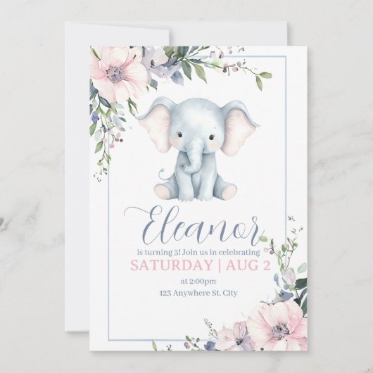 Schattigee Sweet Elephant Floral verjaardagsuitnod Kaart (Voorkant)