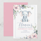 Schattigee Sweet Elephant Floral verjaardagsuitnod Kaart (Voorkant / Achterkant)