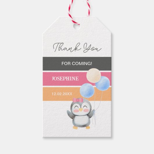 Schattigee Sweet Penguin Balloon Girl Verjaardag B Cadeaulabel (Voorkant)