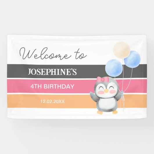 Schattigee Sweet Penguin Balloon Girl Verjaardag W Spandoek (Horizontaal)