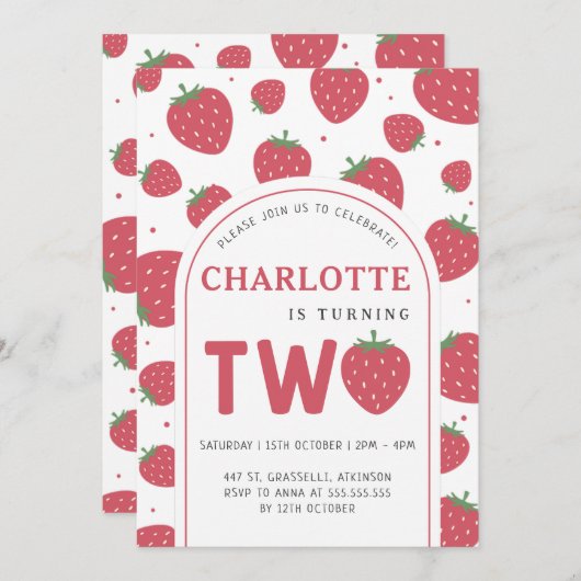Schattigee Sweet Strawberry 2e verjaardagsfeestje Kaart (Voorkant / Achterkant)