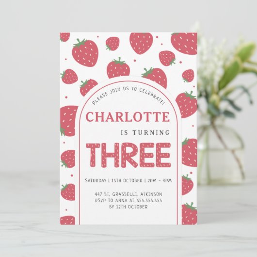 Schattigee Sweet Strawberry 3e verjaardagsfeestje Kaart (Staand voorkant)