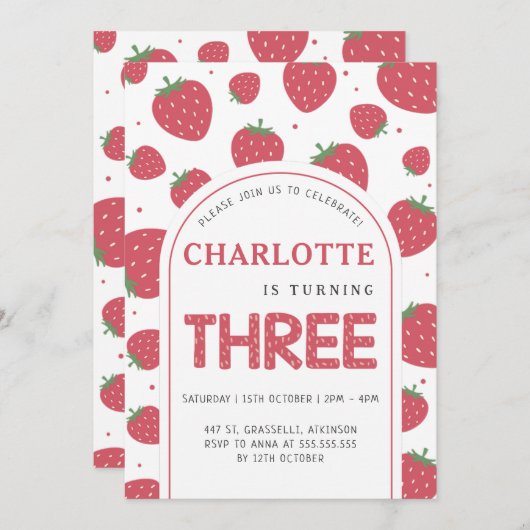 Schattigee Sweet Strawberry 3e verjaardagsfeestje Kaart (Voorkant / Achterkant)