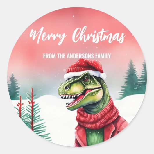 Schattigee t rex dinosaurus Kerstfeest kinderen Ronde Sticker (Voorkant)