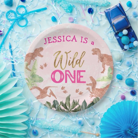 Schattigee T Rex Dinosaurus Meisje 1e Verjaardagsf Papieren Bordje (Feest)