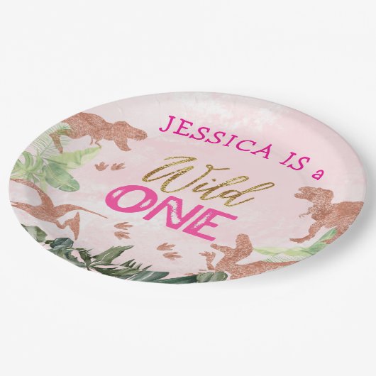 Schattigee T Rex Dinosaurus Meisje 1e Verjaardagsf Papieren Bordje (Gekanteld)