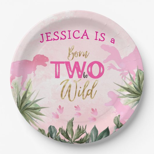 Schattigee T Rex Dinosaurus Meisje 2e Verjaardagsf Papieren Bordje (Voorkant)