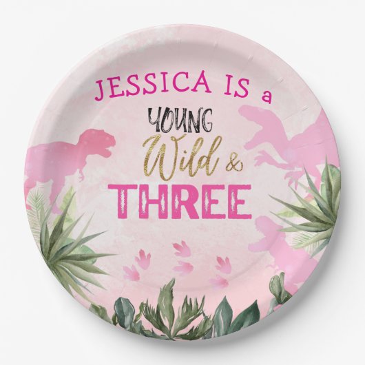 Schattigee T Rex Dinosaurus Meisje 3e Verjaardagsf Papieren Bordje (Voorkant)