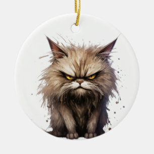 SCHATTIGEE TABBY CAT DIE EEN BOOS GEZICHT MAAKT KERAMISCH ORNAMENT