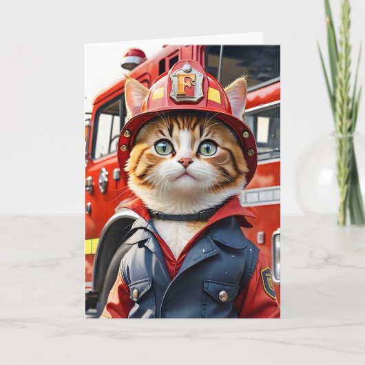 Schattigee Tabby Cat in Brandweerman Uniforme Wate Kaart (Voorkant)