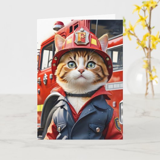 Schattigee Tabby Cat in Brandweerman Uniforme Wate Kaart (Gele Bloem)