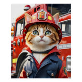 Schattigee Tabby Cat in Brandweerman Uniforme Wate Perfect Poster (Voorkant)