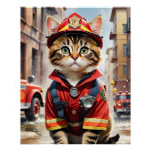 Schattigee Tabby Cat in Brandweerman Uniforme Wate Perfect Poster (Voorkant)