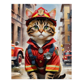 Schattigee Tabby Cat in Brandweerman Uniforme Wate Perfect Poster