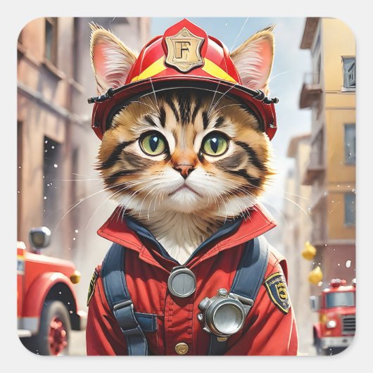 Schattigee Tabby Cat in Brandweerman Uniforme Wate Vierkante Sticker (Voorkant)