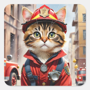Schattigee Tabby Cat in Brandweerman Uniforme Wate Vierkante Sticker