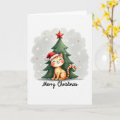 Schattigee Tabby Cat in Santa Hat Kerst Kaart (Gele Bloem)