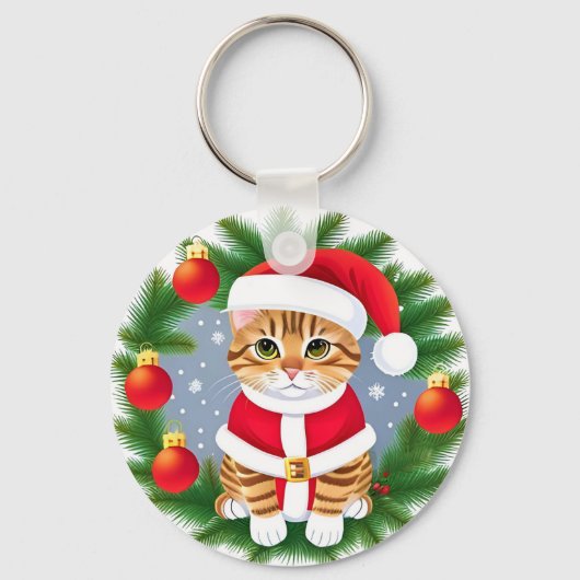 Schattigee Tabby Cat in Santa Outfit Sleutelhanger (Voorkant)