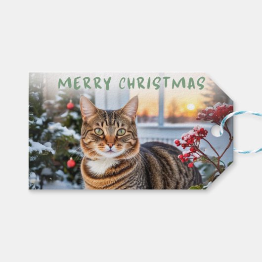 Schattigee Tabby Cat In Snow Animal Thema Kerst Cadeaulabel (Voorkant (Horizontaal))