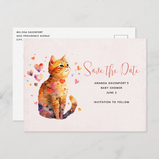 Schattigee Tabby Cat met harten Bewaar de datum Uitnodiging Briefkaart (Voorkant / Achterkant)