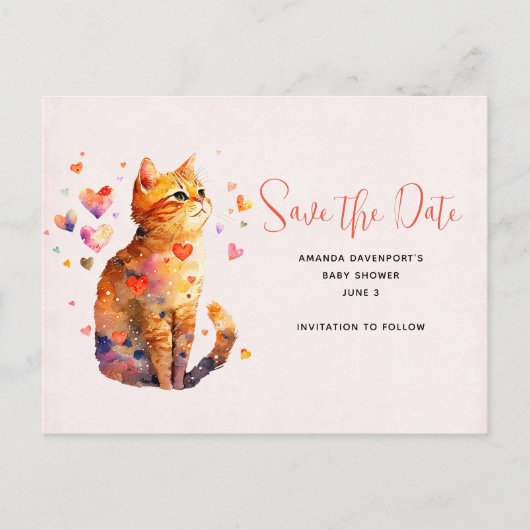 Schattigee Tabby Cat met harten Bewaar de datum Uitnodiging Briefkaart (Voorkant)