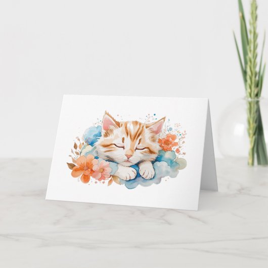 Schattigee Tabby Cat Slapen Onder Bloemen Blank Kaart (Voorkant)