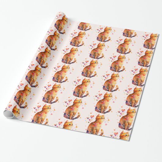 Schattigee Tabby Kat met Harten Cadeaupapier (Uitgerold)