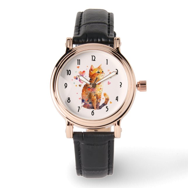 Schattigee Tabby Kat met Harten Horloge (Voorkant)