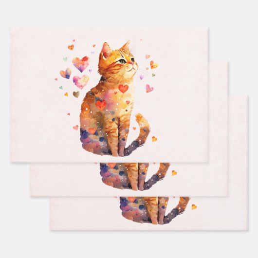 Schattigee Tabby Kat met Harten Inpakpapier Vel (Set)