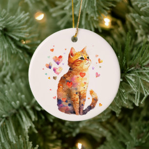 Schattigee Tabby Kat met Harten Keramisch Ornament
