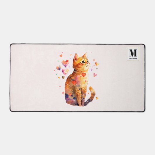 Schattigee Tabby kat met harten Monogram Bureaumat (Voorkant)