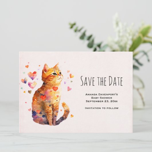 Schattigee Tabby Kat met Harten Save The Date (Staand voorkant)