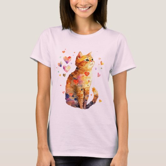Schattigee Tabby Kat met Harten T-shirt (Voorkant)