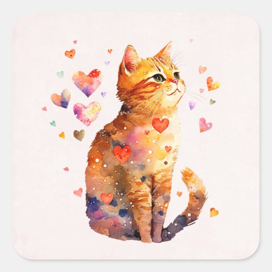 Schattigee Tabby Kat met Harten Vierkante Sticker (Voorkant)