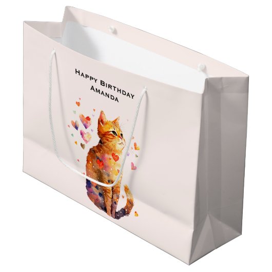 Schattigee Tabby Kat met Hartjes Verjaardag Groot Cadeauzakje (Voorkant Gekanteld)