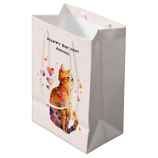 Schattigee Tabby Kat met Hartjes Verjaardag Medium Cadeauzakje (Voorkant Gekanteld)