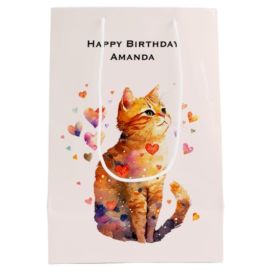 Schattigee Tabby Kat met Hartjes Verjaardag Medium Cadeauzakje (Achterkant)