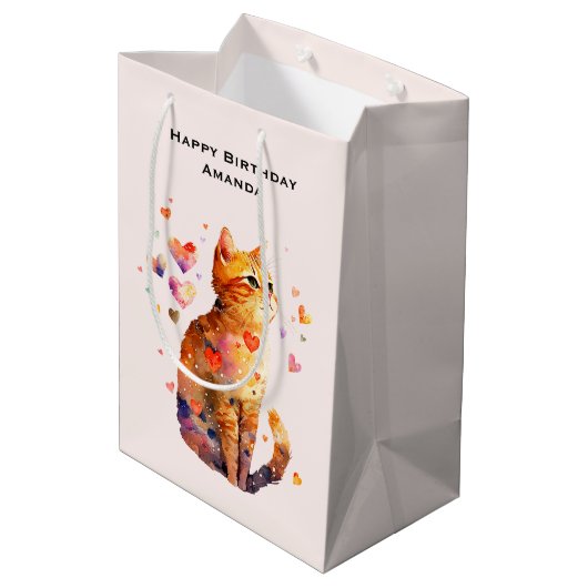 Schattigee Tabby Kat met Hartjes Verjaardag Medium Cadeauzakje (Achterkant Gekanteld)