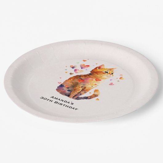 Schattigee Tabby Kat met Hartjes Verjaardag Papieren Bordje (Gekanteld)