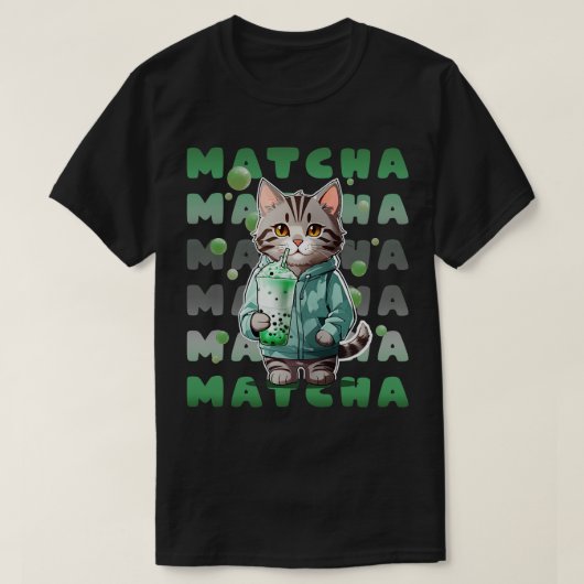 Schattigee Tabby Kitten in Hoodie drink Matcha Gre T-shirt (Design voorkant)