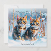 Schattigee Tabby Kittens In Sneeuwhuisdier Kerst Feestdagenkaart (Voorkant)