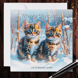 Schattigee Tabby Kittens In Sneeuwhuisdier Kerst Feestdagenkaart