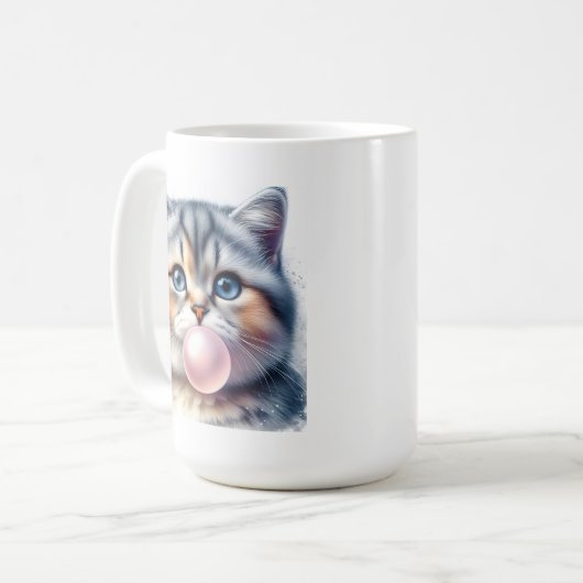 Schattigee Tabby Kitty Kat Blowing Bubble Gum Kwek Koffiemok (Voorkant links)