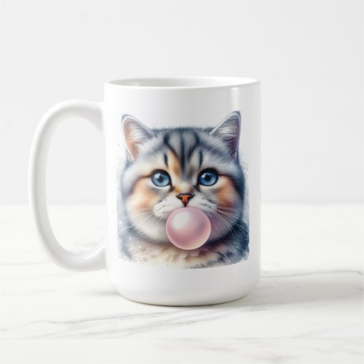 Schattigee Tabby Kitty Kat Blowing Bubble Gum Kwek Koffiemok (Links)