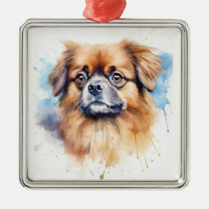 SCHATTIGEE TAN EN BRUINE TIBETAANSE SPANIEL HOND METALEN ORNAMENT